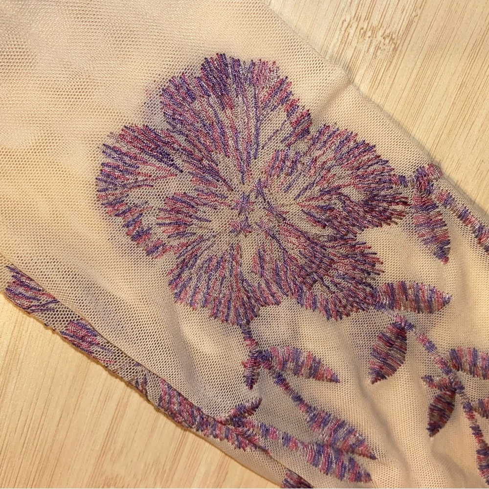 Honey Punch Beige Purple Floral Embroidered Long Sleeve V Neck Bodysuit - Picture 8 of 12